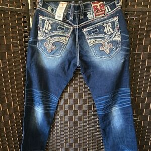 Rock Revival Men's Blue Straight Leg Jeans with Embroidery
